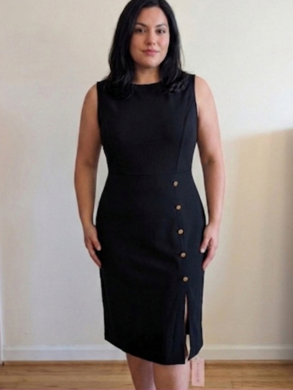 NWT BloomChic Black Dress with Side Pockets, Gold Faux-Buttons, Sz 12